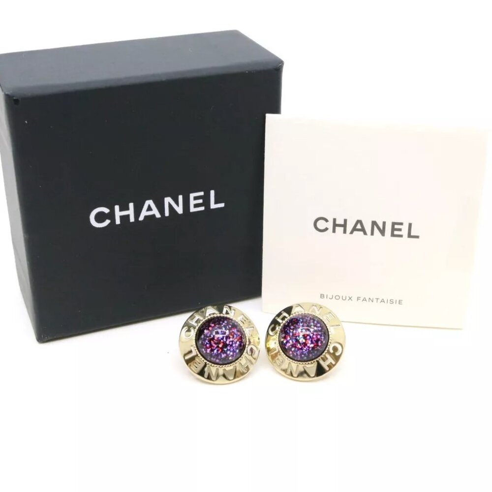 Authentic CHANEL Round Earrings A2I Purple Brass